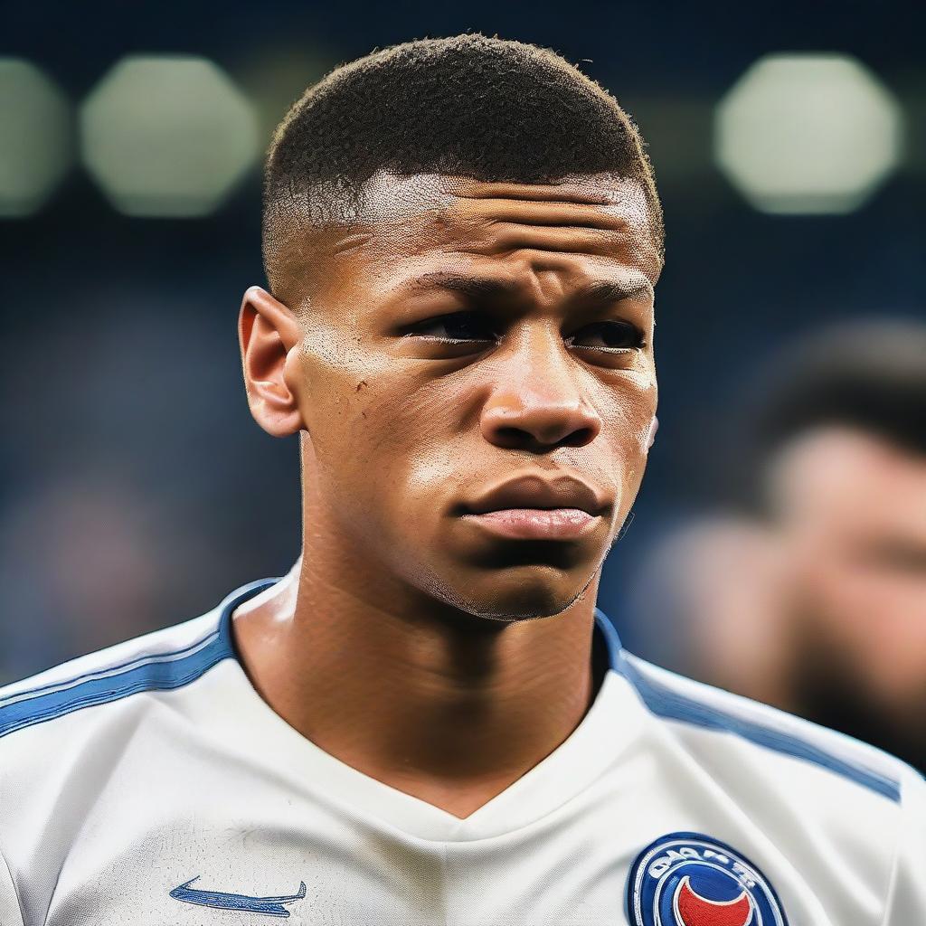 A close-up scene of Kylian Mbappé crying after a defeat in a football match