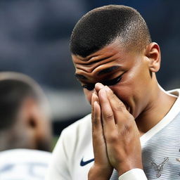 A close-up scene of Kylian Mbappé crying after a defeat in a football match