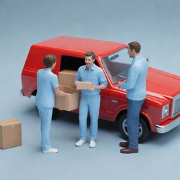 Generate a 3D image of a man giving a box to a retail seller in light blue clothing, with a red truck nearby.