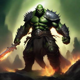 A powerful orc man stands ready for battle, wearing imposing black armor