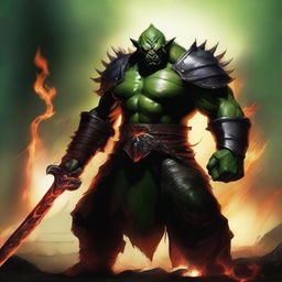 A powerful orc man stands ready for battle, wearing imposing black armor