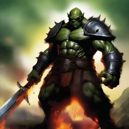 A powerful orc man stands ready for battle, wearing imposing black armor