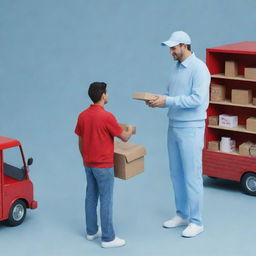 Generate a 3D image of a man giving a box to a retail seller in light blue clothing, with a red truck nearby.