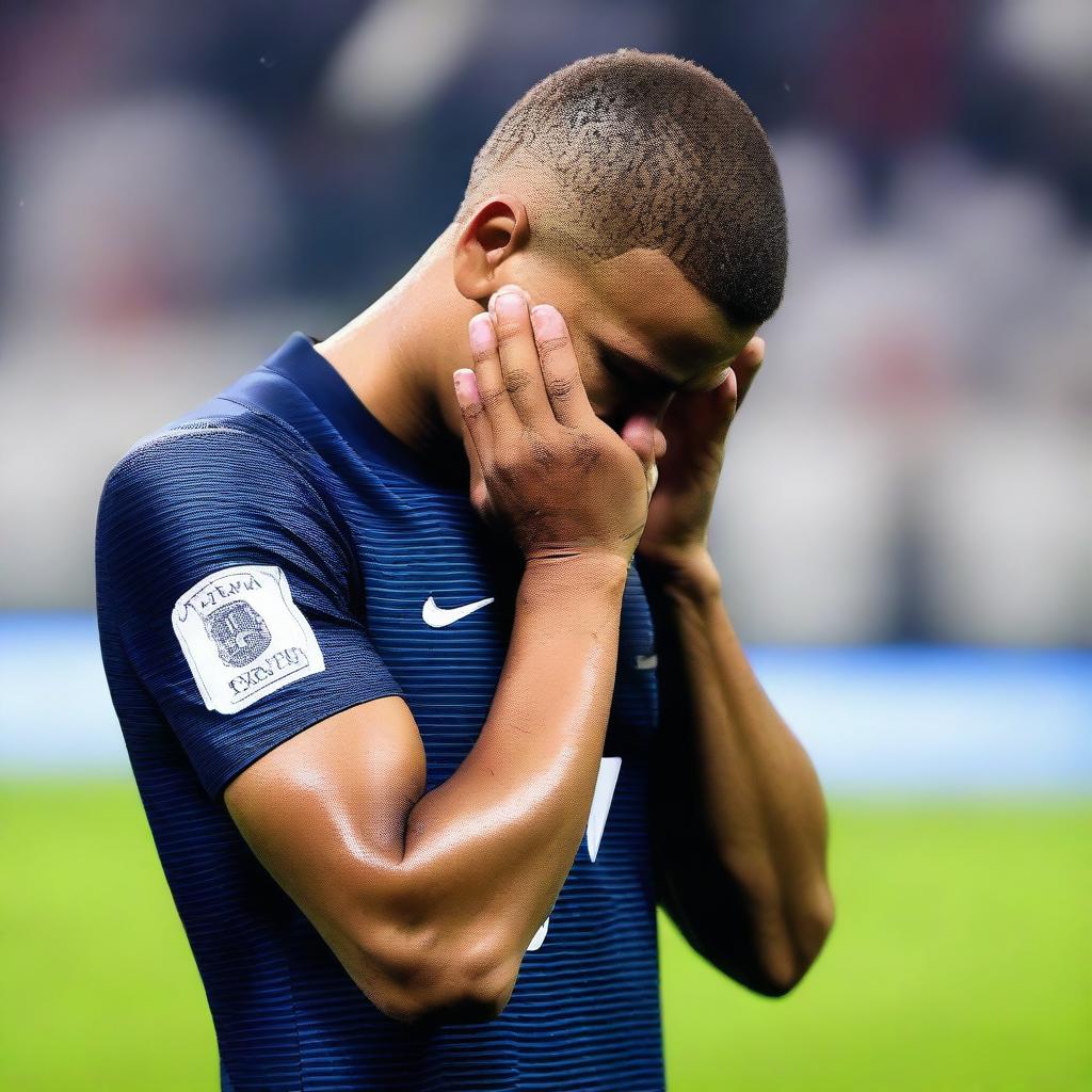 A close-up scene of Kylian Mbappé wearing a blue football jersey, crying after a defeat in a match