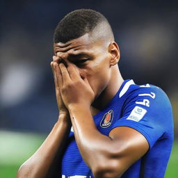 A close-up scene of Kylian Mbappé wearing a blue football jersey, crying after a defeat in a match