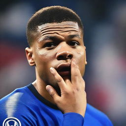 A close-up scene of Kylian Mbappé wearing a blue football jersey, crying after a defeat in a match