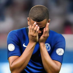 A close-up scene of Kylian Mbappé wearing a blue football jersey, crying after a defeat in a match