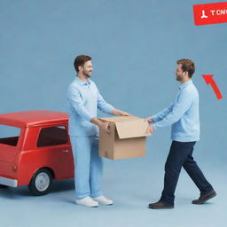 Generate a 3D image of a man giving a box to a retail seller in light blue clothing, with a red truck nearby.