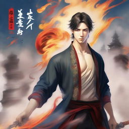 Create a novel cover featuring a handsome young man, flames, sky, city, and a long sword