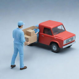 Generate a 3D image of a man giving a box to a retail seller in light blue clothing, with a red truck nearby.