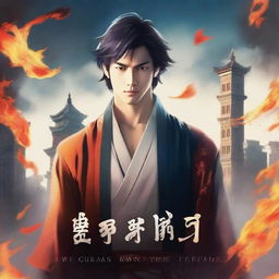 Create a novel cover featuring a handsome young man, flames, sky, city, and a long sword