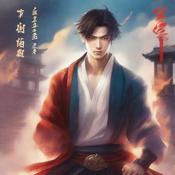 Create a novel cover featuring a handsome young man, flames, sky, city, and a long sword