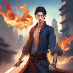 Create a novel cover featuring a handsome young man, flames, sky, city, and a long sword