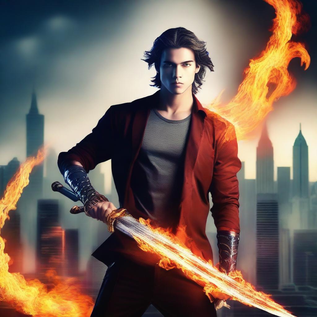 Create an image featuring a handsome young man holding a long sword with flames around him