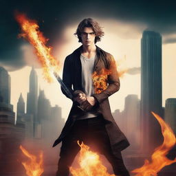 Create an image featuring a handsome young man holding a long sword with flames around him