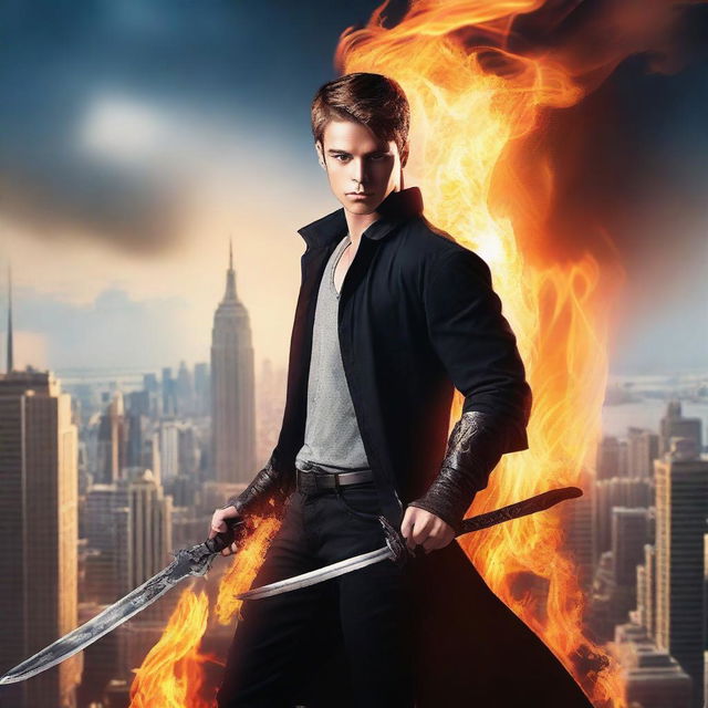 Create an image featuring a handsome young man holding a long sword with flames around him