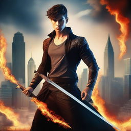 Create an image featuring a handsome young man holding a long sword with flames around him