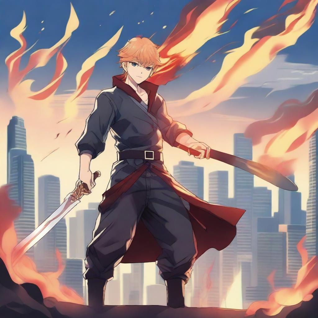 Create an anime-style image featuring a handsome young man holding a long sword with flames around him