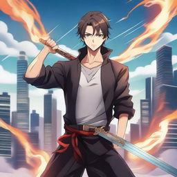 Create an anime-style image featuring a handsome young man holding a long sword with flames around him