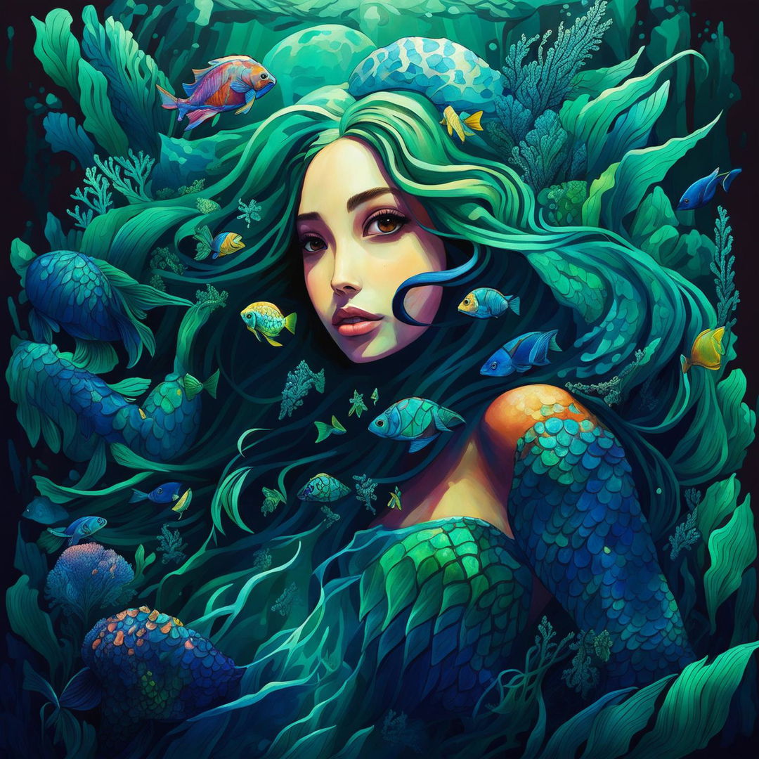 A caramel-skinned mermaid with dark hair and green eyes in a vibrant underwater scene with tropical fish, a sea turtle, and a lively coral reef.