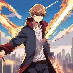 Create an anime-style image featuring a handsome young man holding a long sword with flames around him