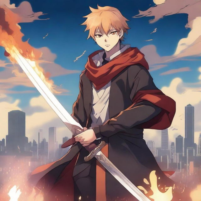 Create an anime-style image featuring a handsome young man holding a long sword with flames around him