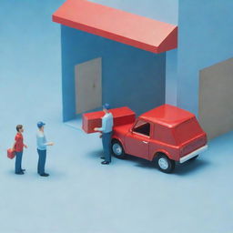 Generate a 3D image of a man handing over a box to another man in a light blue store, with a red truck parked next to the store.