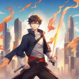 Create an anime-style novel cover featuring a handsome young man holding a long sword with flames around him