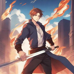 Create an anime-style novel cover featuring a handsome young man holding a long sword with flames around him