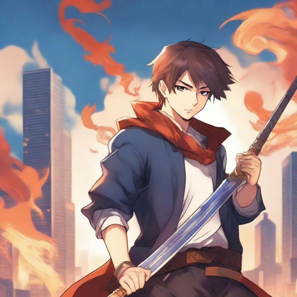 Create an anime-style novel cover featuring a handsome young man holding a long sword with flames around him