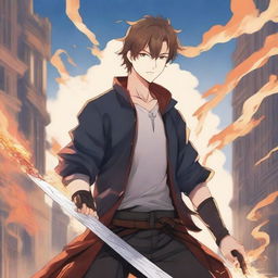 Create an anime-style novel cover featuring a handsome young man holding a long sword with flames around him