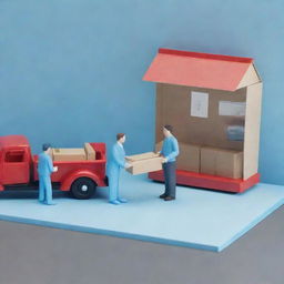 Generate a 3D image of a man handing over a box to another man in a light blue store, with a red truck parked next to the store.