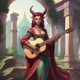 A full-body illustration of a girl Tiefling bard