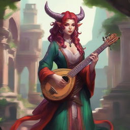 A full-body illustration of a girl Tiefling bard