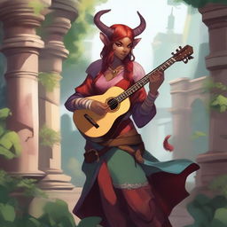 A full-body illustration of a girl Tiefling bard