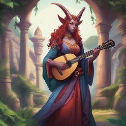 A full-body illustration of a girl Tiefling bard