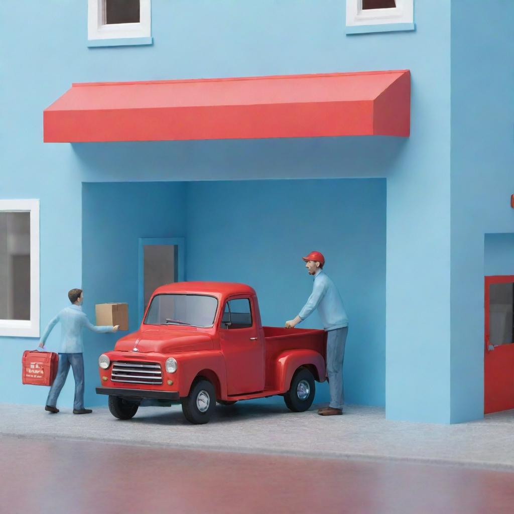 Generate a 3D image of a man handing over a box to another man in a light blue store, with a red truck parked next to the store.