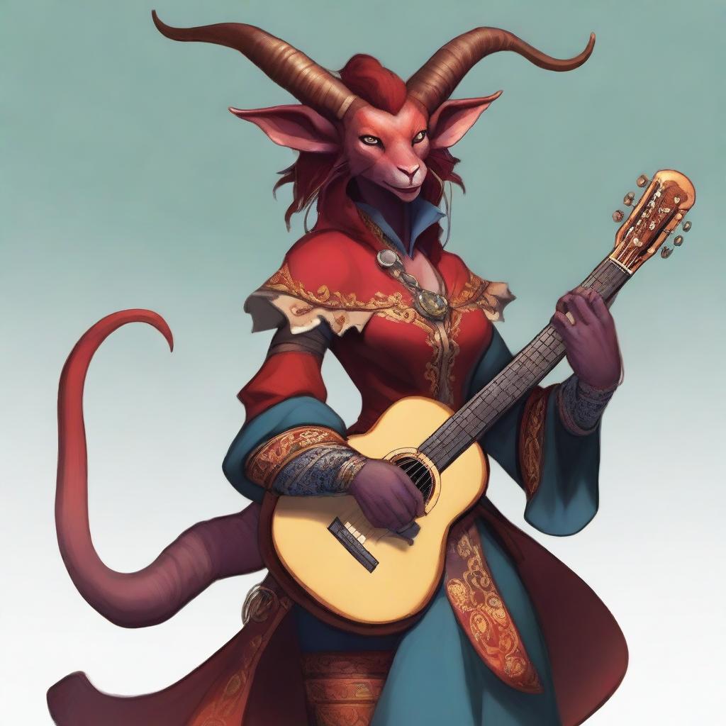 A full-height image of a Tiefling girl bard