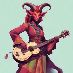 A full-height image of a Tiefling girl bard