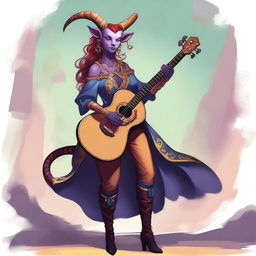 A beautiful Tiefling girl bard, shown in full body