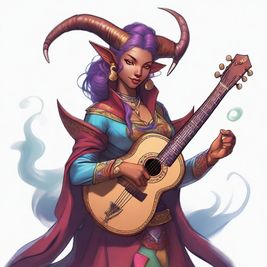 A beautiful Tiefling girl bard, shown in full body