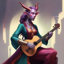 A beautiful Tiefling girl bard, shown in full body