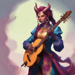 A beautiful Tiefling girl bard, shown in full body