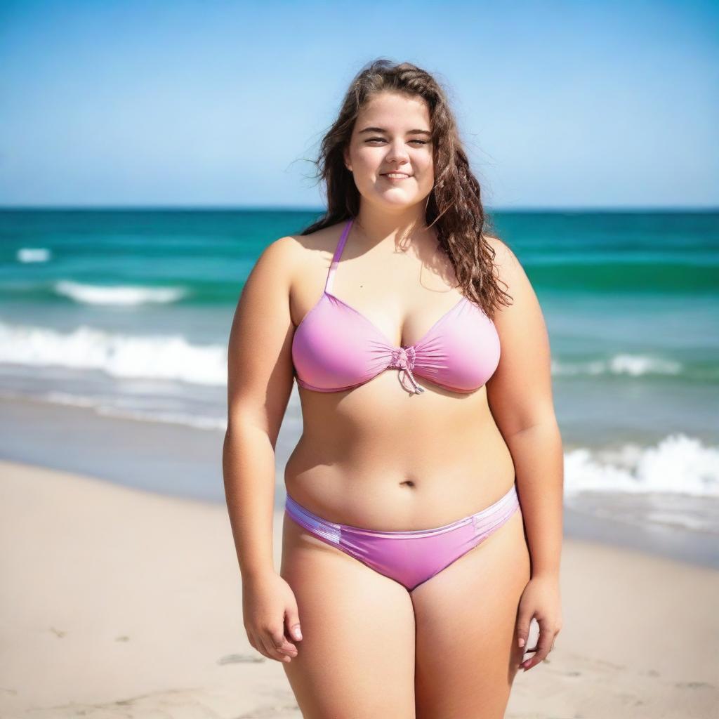 A chubby 18-year-old girl wearing a bikini, standing confidently on a beach with the ocean in the background
