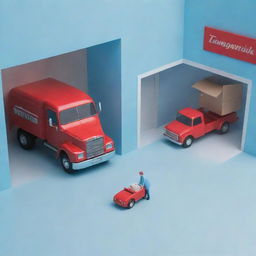 Generate a 3D image of a man handing over a box to another man in a light blue store, with a red truck parked next to the store.