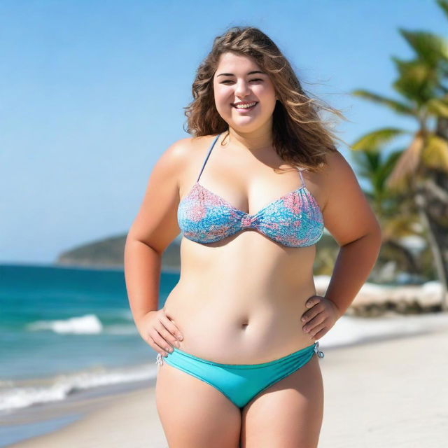 A chubby 18-year-old girl wearing a bikini, standing confidently on a beach with the ocean in the background