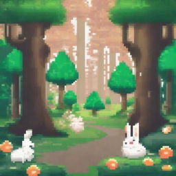 Create a pixel art style image featuring a whimsical scene in a forest