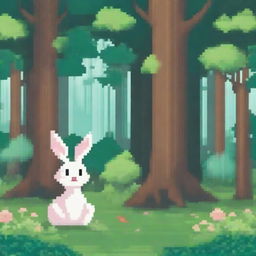 Create a pixel art style image featuring a whimsical scene in a forest