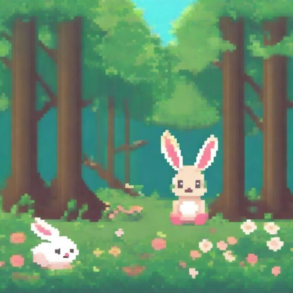 Create a pixel art style image featuring a whimsical scene in a forest