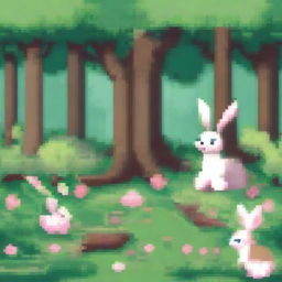 Create a pixel art style image featuring a whimsical scene in a forest